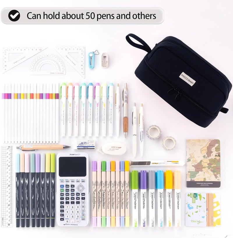ANGOOBABY Big Capacity Large Pencil Case Canvas Pen Pouch Bag with 2 Compartments for Girls Boys Teen School Students Adults - Black - Image 4